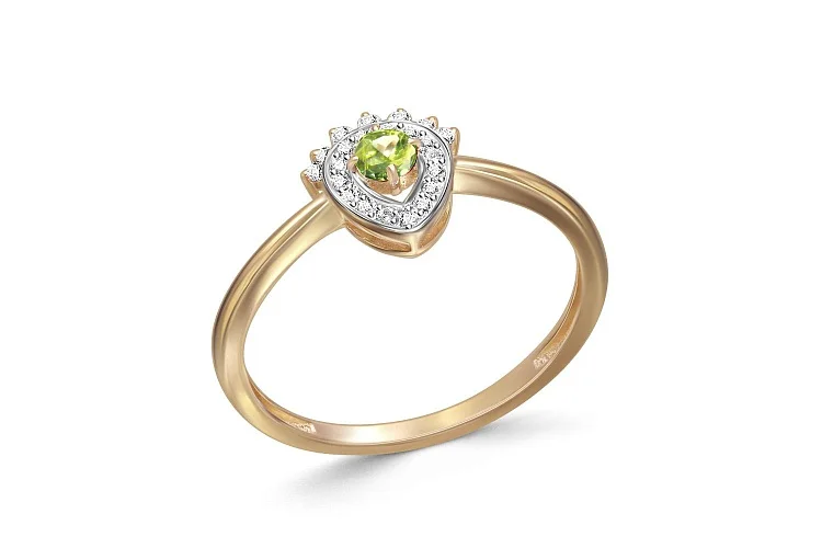 Кольцо из жёлтого золота с хризолитом и 22 фианитами