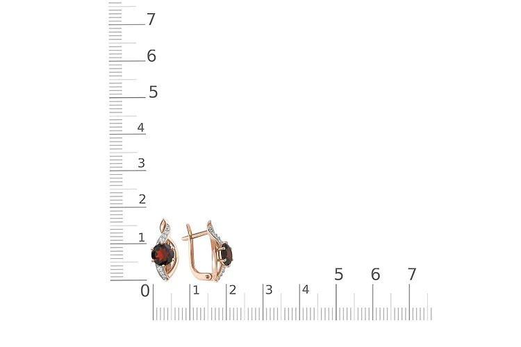 Серьги из красного золота с 2 гранатами и 12 фианитами