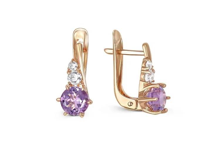 Серьги из красного золота с 2 аметистами и 4 фианитами