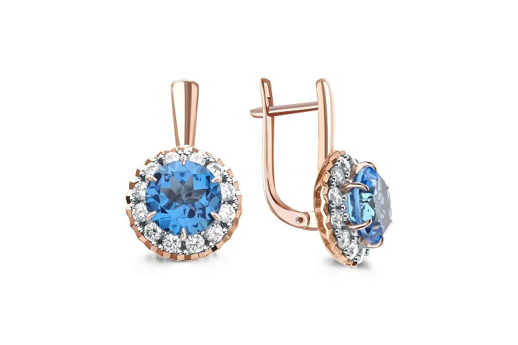 Серьги из красного золота с 2 топазами swiss и 24 фианитами