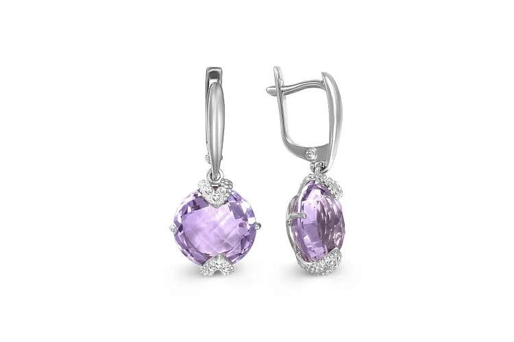 Серьги из белого золота с 2 аметистами и 12 фианитами