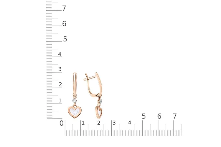 Серьги Сердца из красного золота с перламутром и 2 фианитами