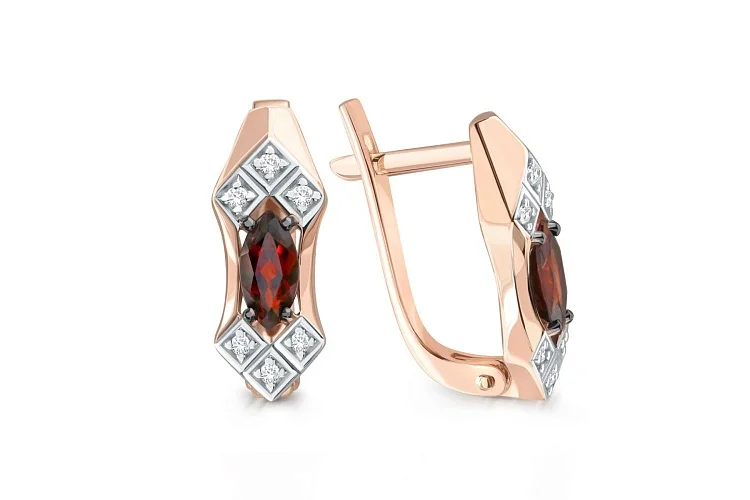 Серьги из красного золота с 2 гранатами и 12 фианитами