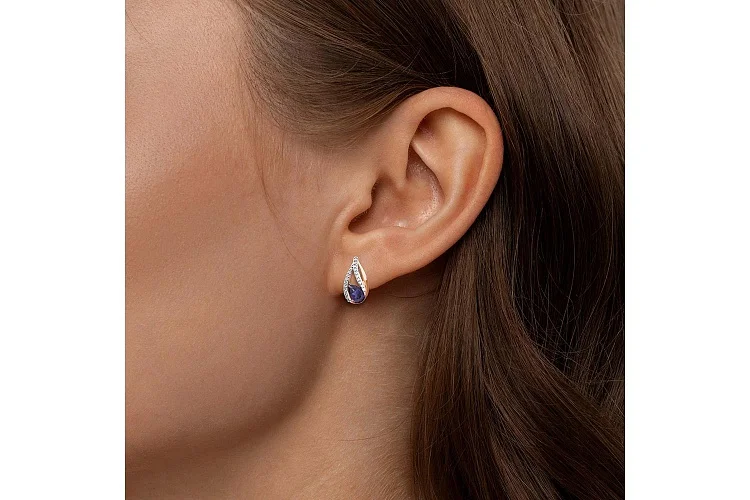 Серьги из красного золота с 2 иолитами и 40 фианитами