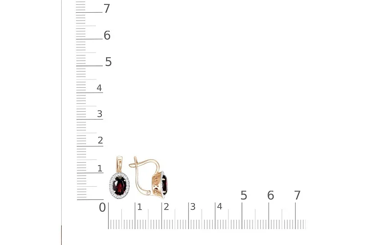 Серьги из красного золота с 2 гранатами и 36 фианитами