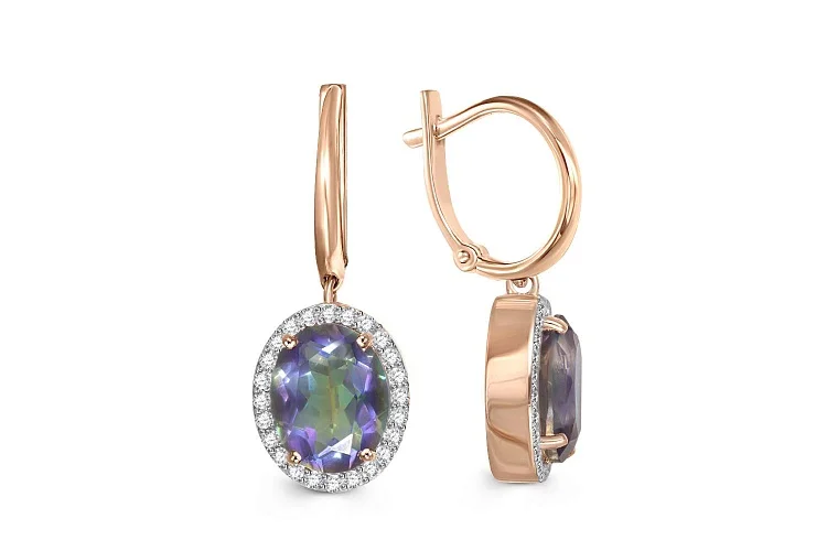 Серьги из красного золота с 2 кварцами и 48 фианитами