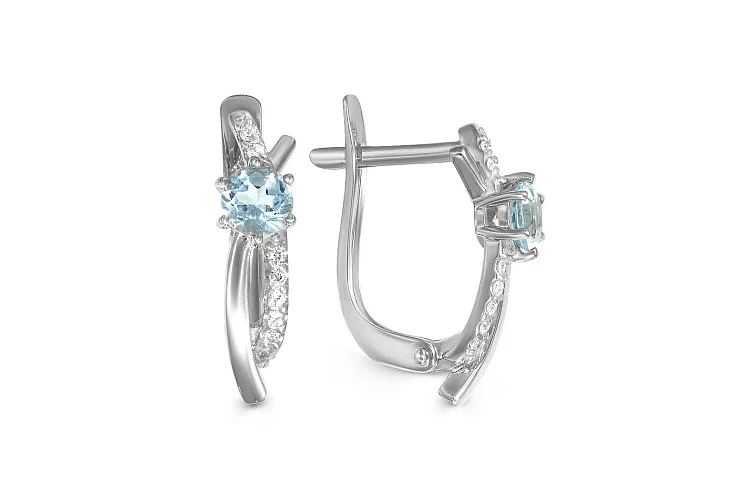 Серьги из белого золота с 2 топазами sky и 14 фианитами