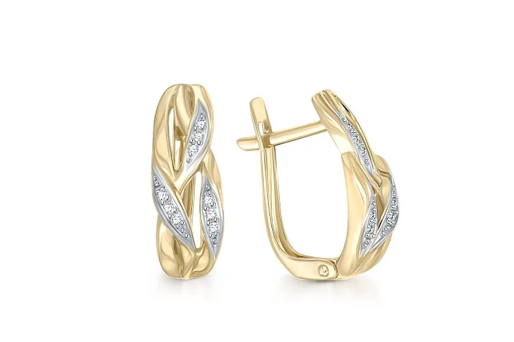 Серьги Веточки из жёлтого золота с 18 фианитами