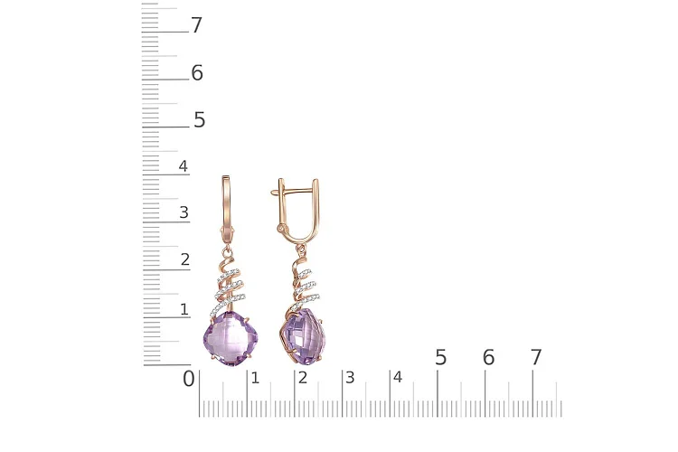 Серьги из красного золота с 2 аметистами и 36 фианитами