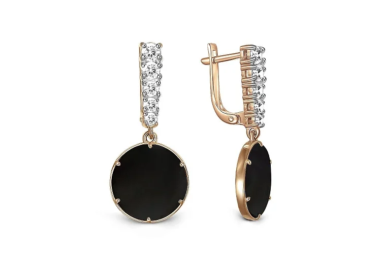 Серьги из красного золота с 2 ониксами и 10 фианитами
