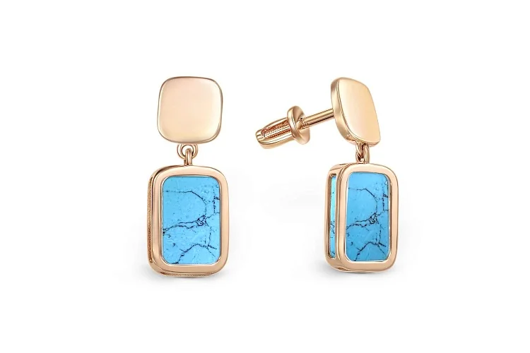 Серьги-пусеты Прямоугольники из красного золота с бирюзой