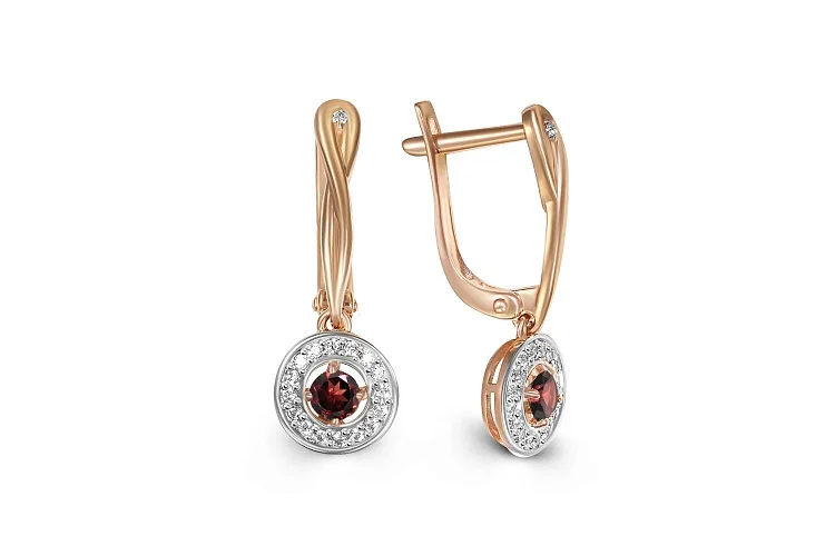 Серьги из красного золота с 2 гранатами и 34 фианитами