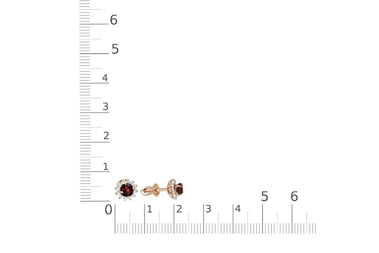 Серьги-пусеты из красного золота с 2 гранатами и 24 фианитами