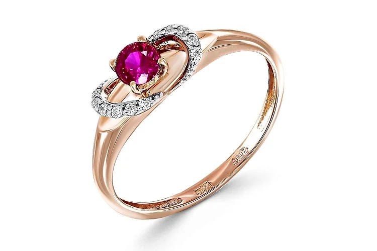 Кольцо из красного золота с корундом и 12 фианитами