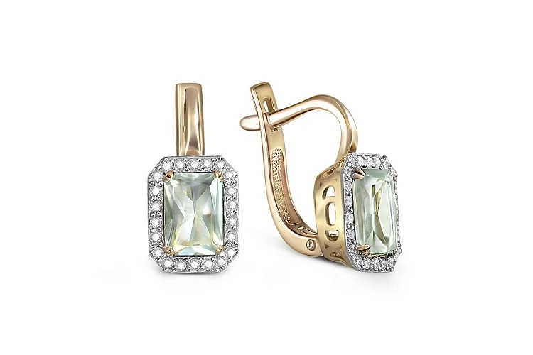 Серьги из жёлтого золота с 2 аметистами и 44 фианитами