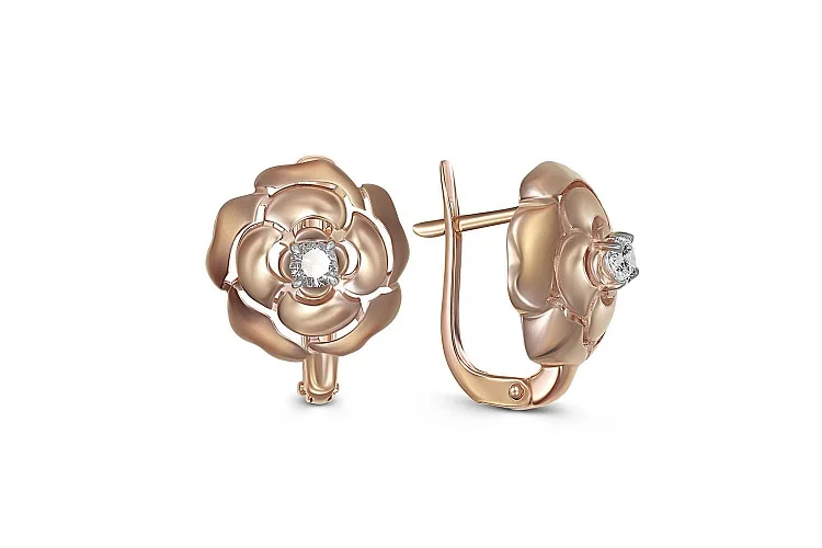 Серьги Цветы из красного золота с 2 фианитами