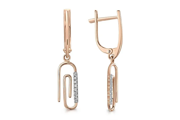 Серьги Скрепки из красного золота с 16 фианитами