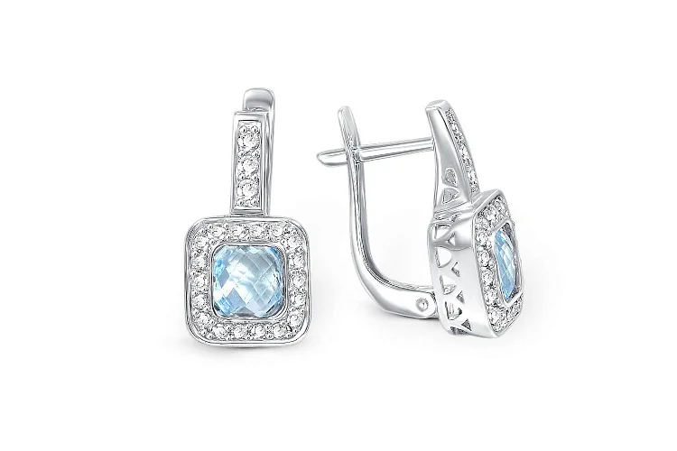 Серьги из белого золота с 2 топазами sky и 42 фианитами