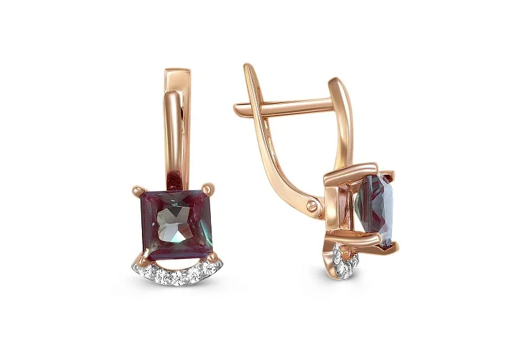 Серьги из красного золота с 2 александритами и 10 фианитами