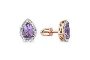 Серьги-пусеты из красного золота с 2 аметистами и 46 фианитами