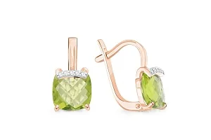 Серьги из красного золота с 2 хризолитами и 10 фианитами