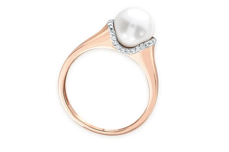 Кольцо из красного золота с жемчугом и 30 фианитами