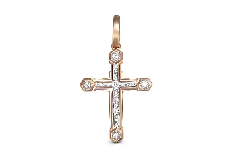 Крест из красного золота с 4 фианитами