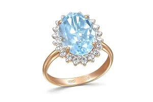 Кольцо из красного золота с топазом sky и 20 фианитами