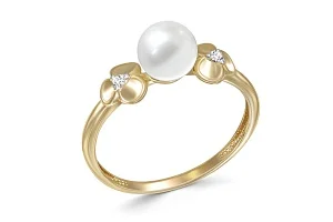 Кольцо Цветок из жёлтого золота с жемчугом и 2 фианитами