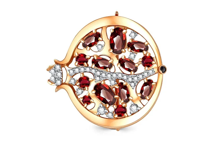 Брошь Гранат из красного золота с 46 фианитами