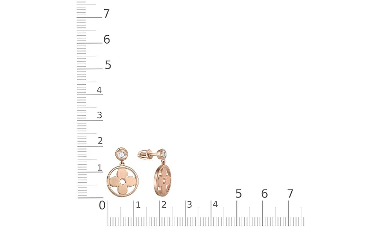 Серьги-пусеты Клевер из красного золота с 2 фианитами