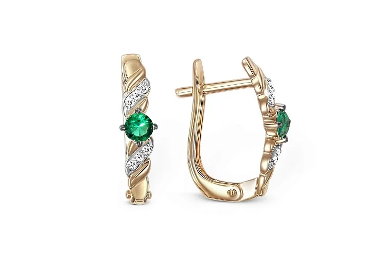 Серьги из жёлтого золота с 2 изумрудами и 12 бриллиантами