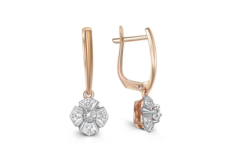 Серьги Цветы из красного золота с 26 фианитами