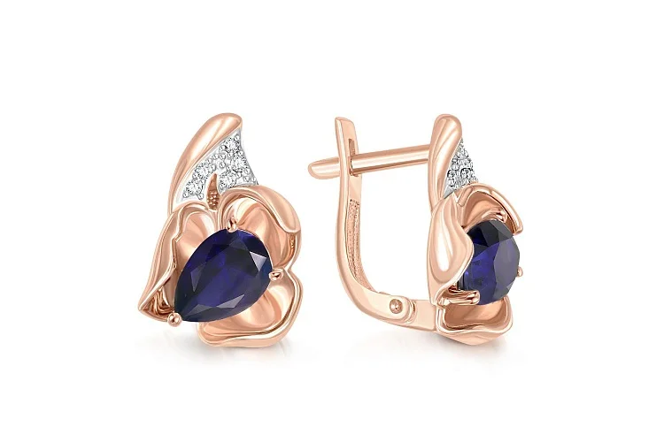 Серьги Цветы из красного золота с 2 корундами и 10 бриллиантами