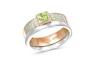 Кольцо из красного золота с хризолитом и 30 фианитами