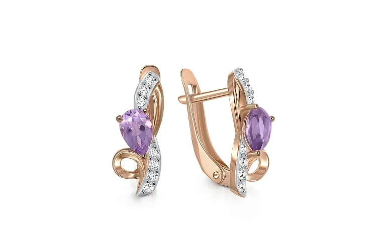 Серьги из красного золота с 2 аметистами и 14 фианитами