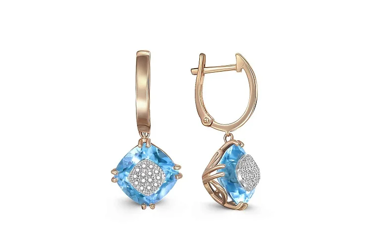 Серьги из красного золота с 2 топазами swiss и 28 фианитами