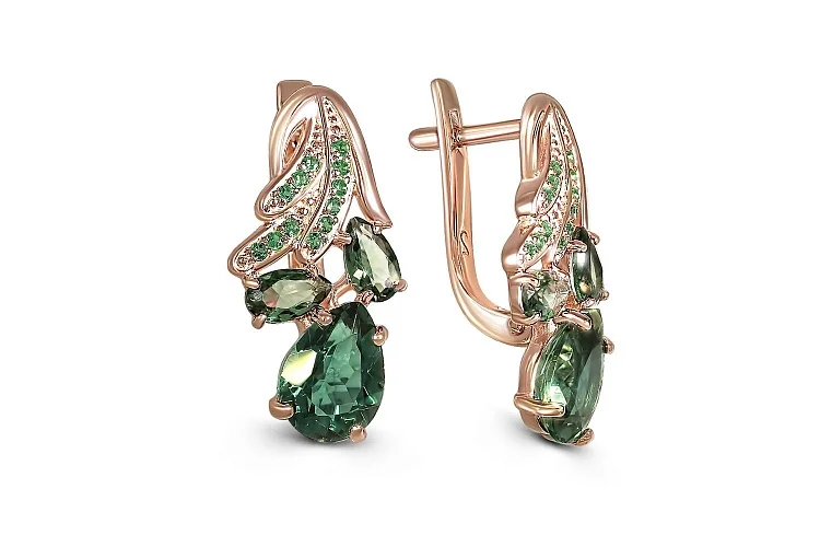 Серьги из красного золота с празиолитами, турмалинами и фианитами