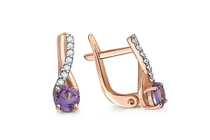Серьги из красного золота с 2 аметистами и 14 фианитами