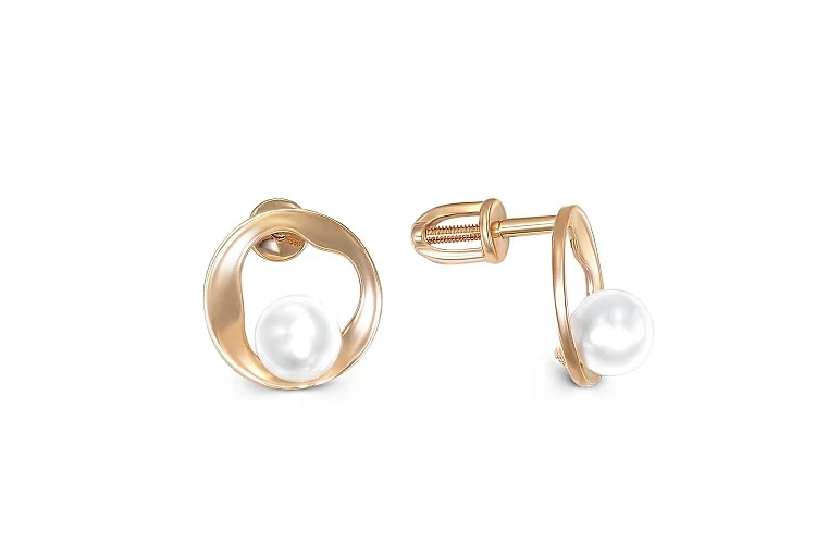 Серьги-пусеты Круги из красного золота с 2 жемчужинами