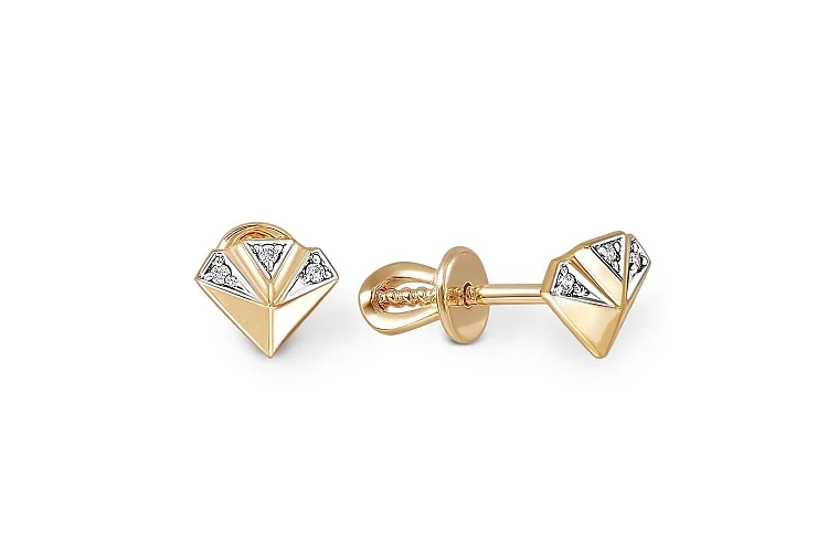 Серьги-пусеты Кристаллы из жёлтого золота с 6 фианитами