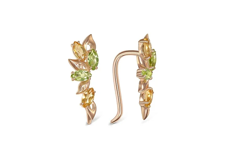 Серьги из красного золота с 4 хризолитами и 4 цитринами