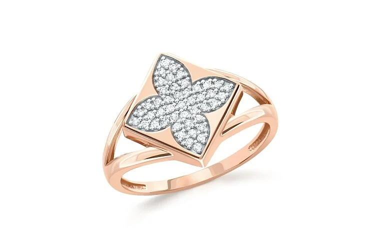 Кольцо Клевер из красного золота с 45 фианитами