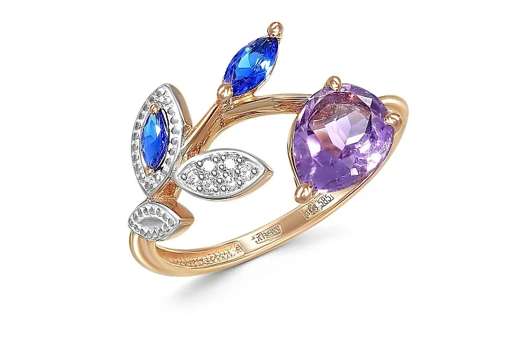 Кольцо Веточка из красного золота с аметистом и 8 фианитами