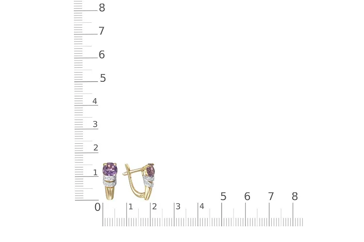Серьги из жёлтого золота с 2 аметистами и 14 фианитами