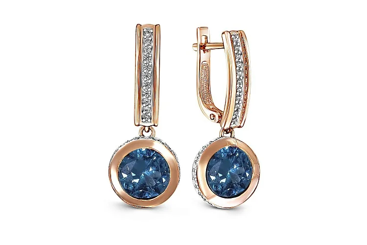 Серьги из красного золота с 2 ситаллами и 74 фианитами