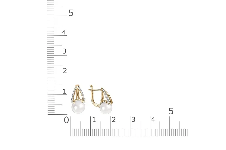 Серьги из жёлтого золота с 2 жемчужинами и 42 фианитами