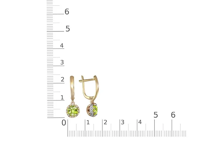 Серьги из жёлтого золота с 2 хризолитами и 30 фианитами