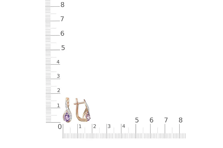 Серьги из красного золота с 2 аметистами и 14 фианитами