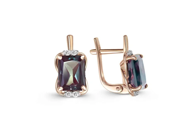 Серьги из красного золота с 2 александритами и 8 фианитами